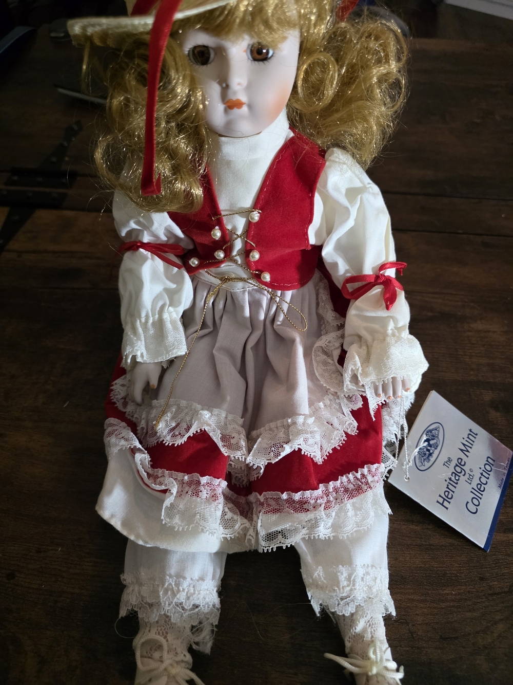 Vintage Heritage Mint Collection Porcelain Girl Doll in Red & White Outfit